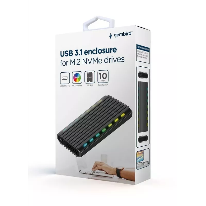 GEMBIRD EE2280-U3C-03 M.2 NVMe/SATA SSD -kotelo, USB 3.1 Gen 2 (10 Gbit/s), USB Type-C, RGB, alumiini