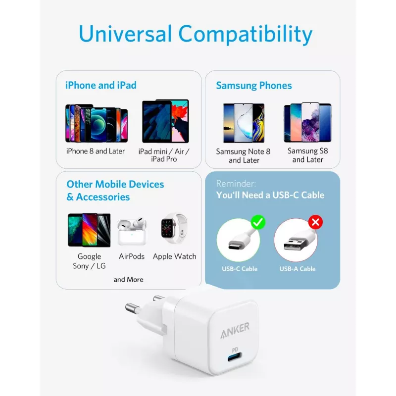 Laturi Anker PowerPort III Universal White AC-pikalataus sisäkäyttöön