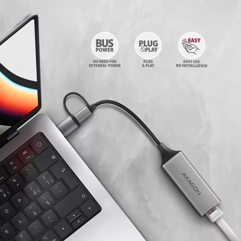 Axagon ADE-TXCA USB-C + USB-A 3.2 Gen 1 - Gigabit Ethernet -sovitin, Asix AX88179