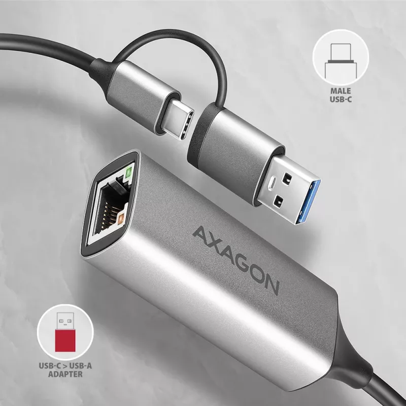 Axagon ADE-TXCA USB-C + USB-A 3.2 Gen 1 - Gigabit Ethernet -sovitin, Asix AX88179