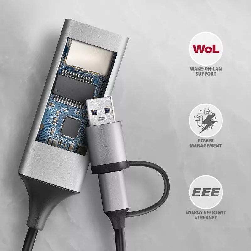 Axagon ADE-TXCA USB-C + USB-A 3.2 Gen 1 - Gigabit Ethernet -sovitin, Asix AX88179