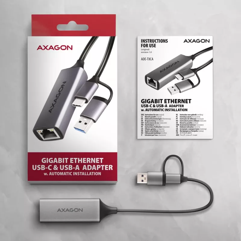 Axagon ADE-TXCA USB-C + USB-A 3.2 Gen 1 - Gigabit Ethernet -sovitin, Asix AX88179