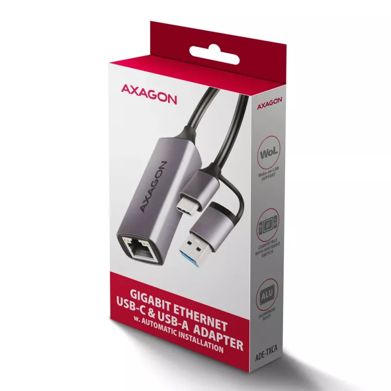 Axagon ADE-TXCA USB-C + USB-A 3.2 Gen 1 - Gigabit Ethernet -sovitin, Asix AX88179