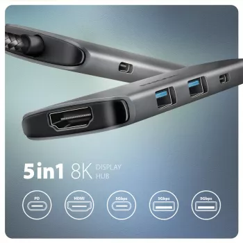 Axagon HMC-5H8K USB 5 Gbps -keskitin 2x USB-A USB-C HDMI 8k/30Hz PD 100W kaapeli USB-C johdollinen USB 3.2 Gen 1 (3.1 Gen 1) Type-C harmaa