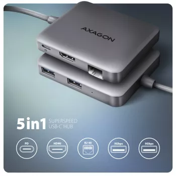 Axagon HMC-5HL USB 5 Gbps -keskitin, 2x USB-A, HDMI 4K/60Hz, RJ-45, PD 100W, 20 cm USB-C-kaapeli