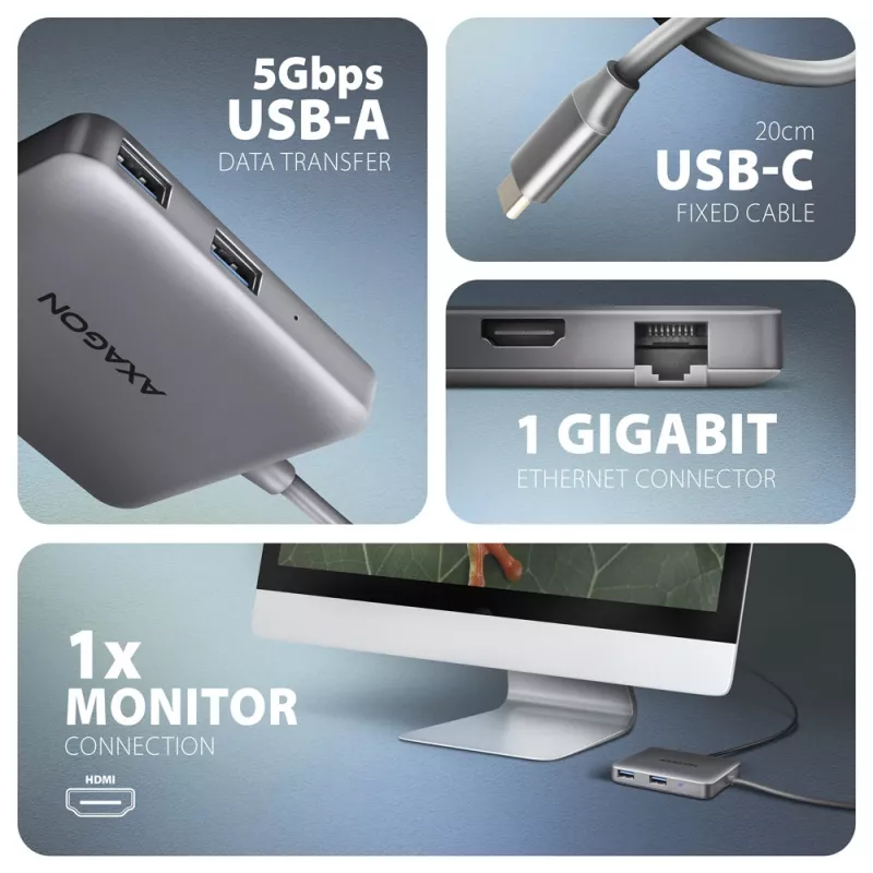 Axagon HMC-5HL USB 5 Gbps -keskitin, 2x USB-A, HDMI 4K/60Hz, RJ-45, PD 100W, 20 cm USB-C-kaapeli