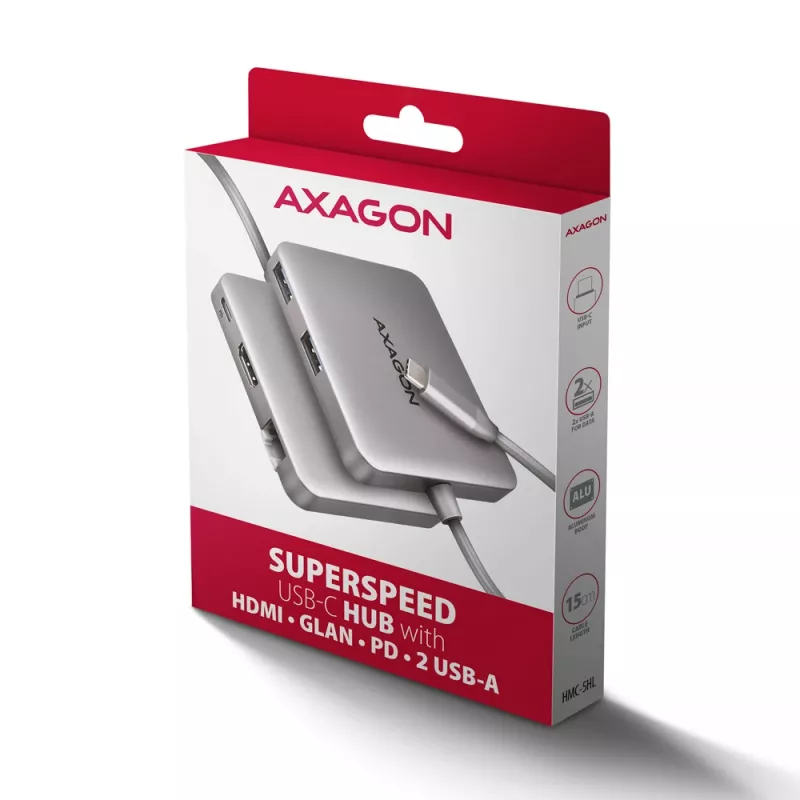 Axagon HMC-5HL USB 5 Gbps -keskitin, 2x USB-A, HDMI 4K/60Hz, RJ-45, PD 100W, 20 cm USB-C-kaapeli
