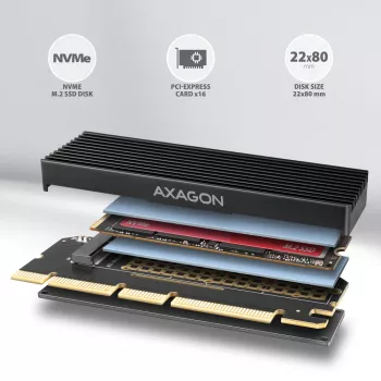 Axagon PCEM2-XS PCIe x16 - M.2 NVMe M-Key-sovitin, passiivisella alumiinijäähdytyselementillä