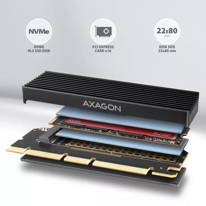 Axagon PCEM2-XS PCIe x16 - M.2 NVMe M-Key-sovitin, passiivisella alumiinijäähdytyselementillä