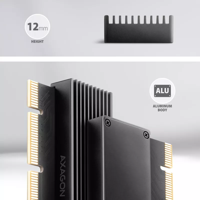 Axagon PCEM2-XS PCIe x16 - M.2 NVMe M-Key-sovitin, passiivisella alumiinijäähdytyselementillä