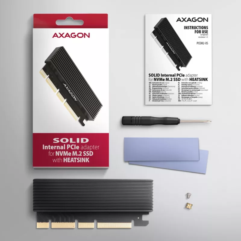 Axagon PCEM2-XS PCIe x16 - M.2 NVMe M-Key-sovitin, passiivisella alumiinijäähdytyselementillä