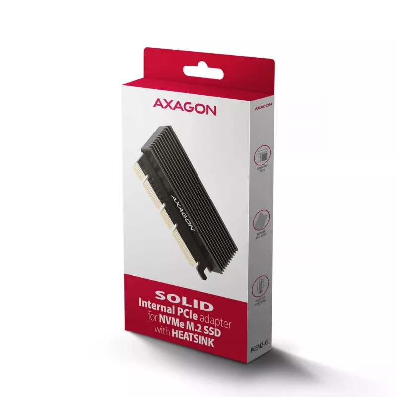 Axagon PCEM2-XS PCIe x16 - M.2 NVMe M-Key-sovitin, passiivisella alumiinijäähdytyselementillä