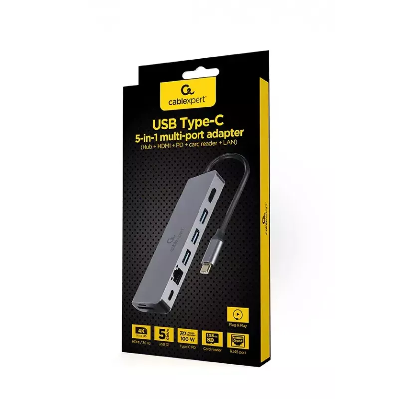 USB-keskitin GEMBIRD A-CM-COMBO5-05 — USB 3.2 Gen 1 Type-C, 3x USB-A, HDMI, RJ-45, SD/microSD, 100 W PD