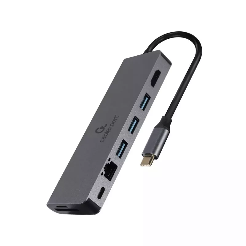 USB-keskitin GEMBIRD A-CM-COMBO5-05 — USB 3.2 Gen 1 Type-C, 3x USB-A, HDMI, RJ-45, SD/microSD, 100 W PD