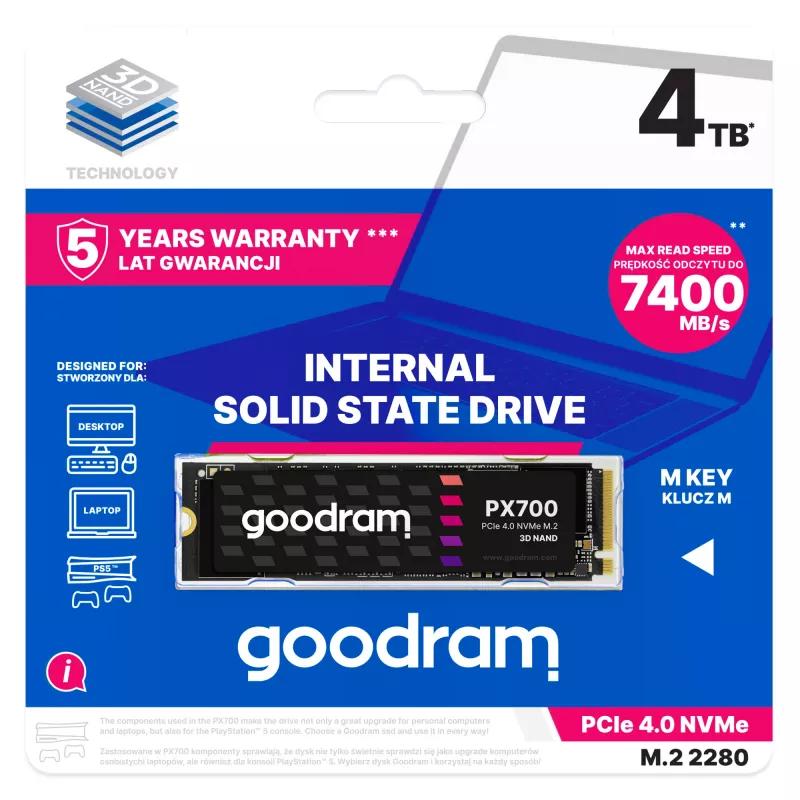 Goodram PX700 SSD SSDPR-PX700-04T-80 sisäinen SSD-asema 4 TB M.2 PCI Express 4.0 NVMe 3D NAND