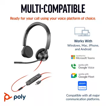 HP Poly Blackwire 3325 stereo Microsoft Teams Certified USB-C kuulokemikrofoni +3,5 mm pistoke +USB-C/A adapteri