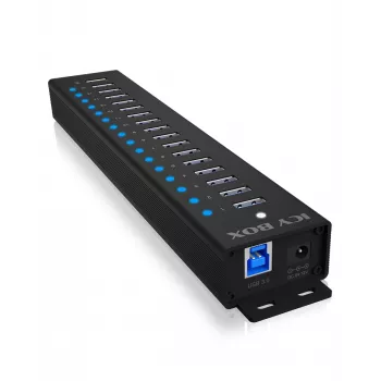 ICY BOX 17-porttinen keskitin USB 3.2 Gen 1 Type-A liitäntä, USB 3.2 Gen 1 (3.1 Gen 1) Type-A, USB 3.2 Gen 1 (3.1 Gen 1) Type-A, USB Type-B, 5000 Mbit/s, musta, Kiina, DC