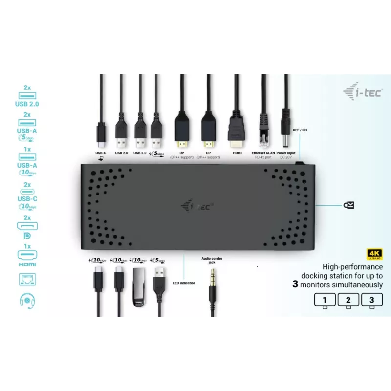 i-tec USB-C Triple Display -telakointiasema Gen 2 Power Delivery 100W johdollinen 3.2