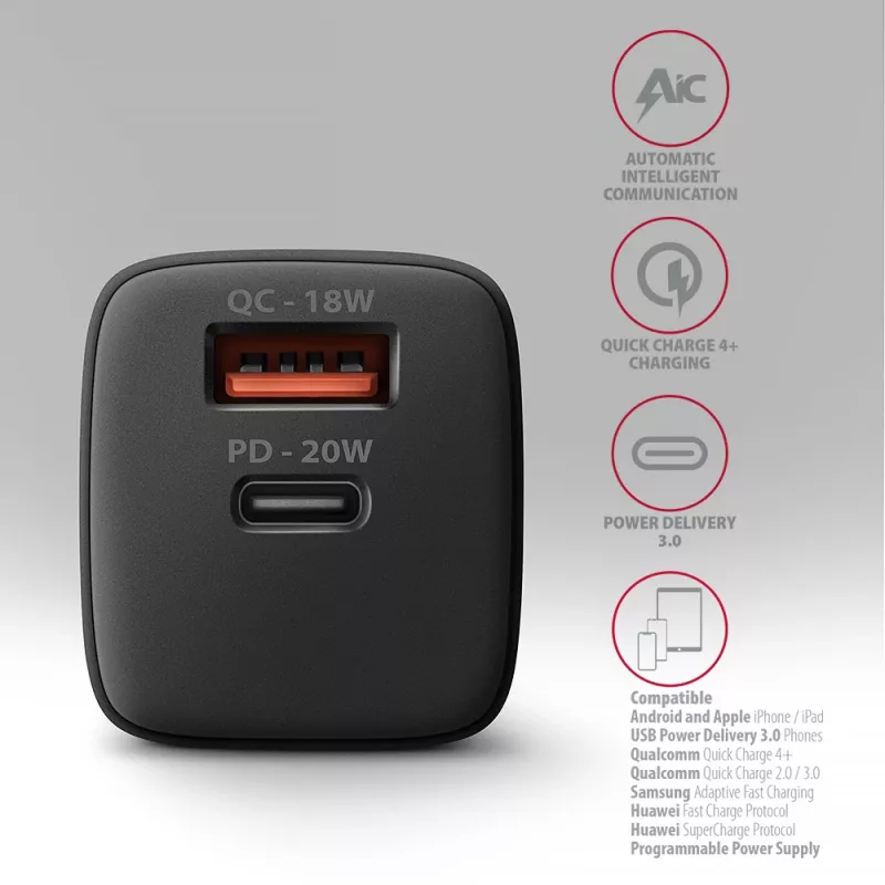 Seinäpistokelaturi Axagon ACU-PQ20 QC3.0 PD Type-C 20W musta