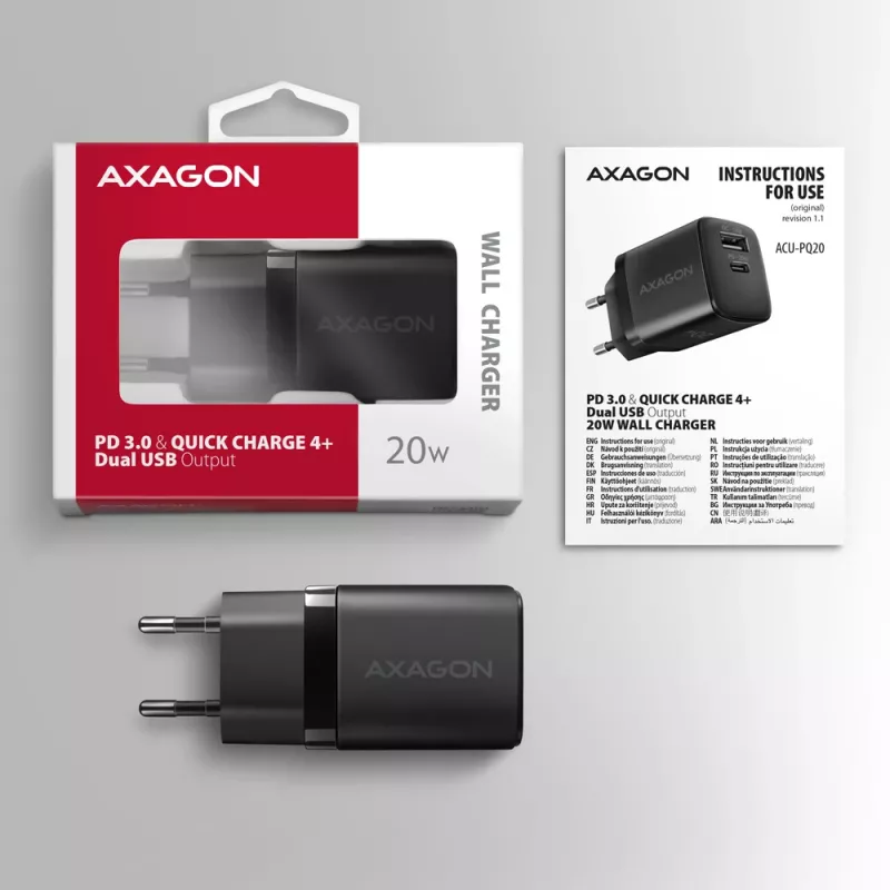Seinäpistokelaturi Axagon ACU-PQ20 QC3.0 PD Type-C 20W musta