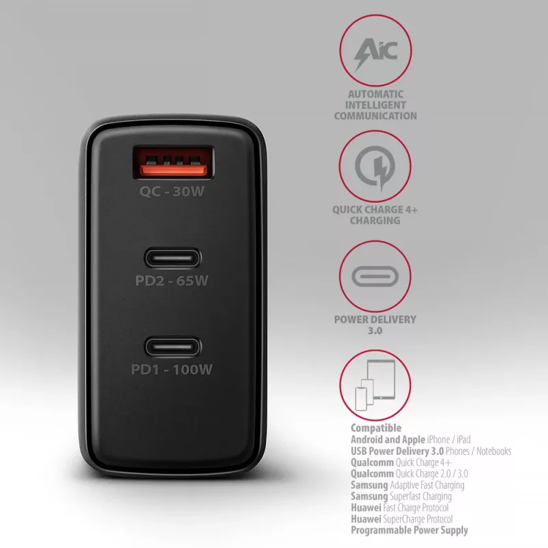 Axagon ACU-DPQ100 PD3.0 & QC 4+ THREE OUTPUTS seinälaturi 100W