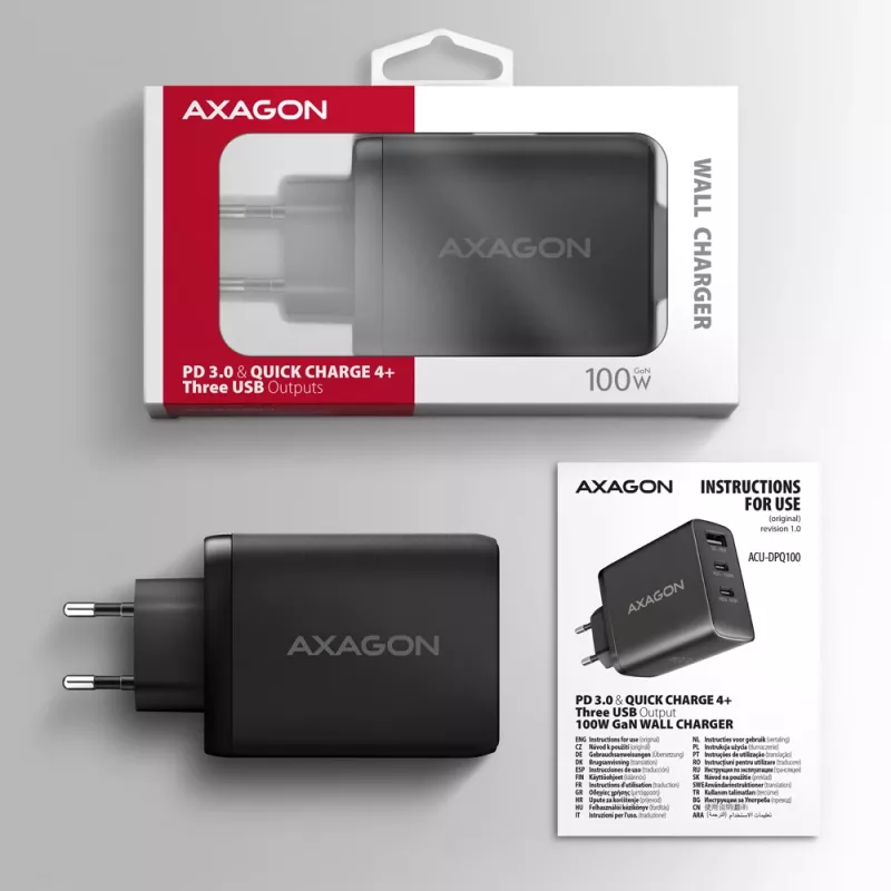Axagon ACU-DPQ100 PD3.0 & QC 4+ THREE OUTPUTS seinälaturi 100W