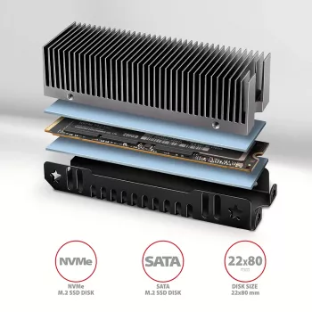 Axagon CLR-M2XT passiivinen alumiinijäähdytin yksi- ja kaksipuolisille M.2 SSD-asemille koko 2280, korkeus 24 mm