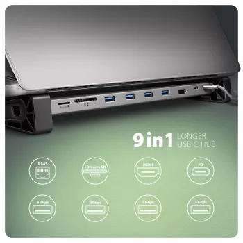 Axagon HMC-10HLS, USB 5Gbps -keskitin, 4x USB-A, HDMI 4k/60Hz, RJ-45, SD/microSD, PD 100W