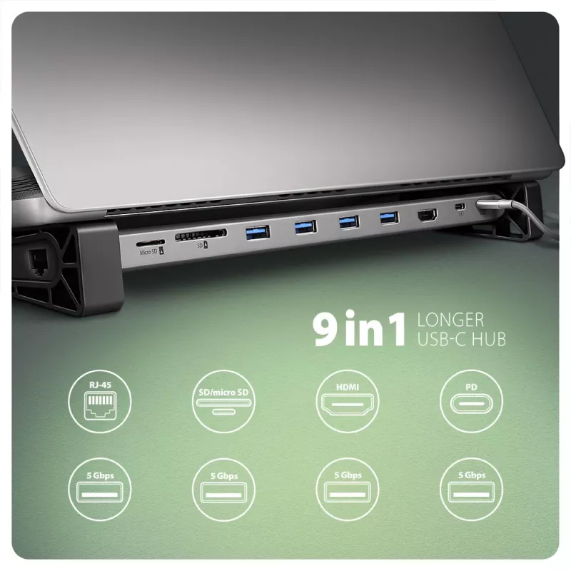 Axagon HMC-10HLS, USB 5Gbps -keskitin, 4x USB-A, HDMI 4k/60Hz, RJ-45, SD/microSD, PD 100W