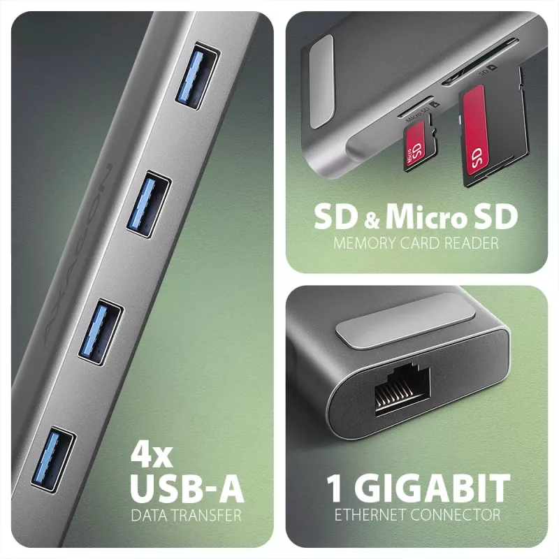 Axagon HMC-10HLS, USB 5Gbps -keskitin, 4x USB-A, HDMI 4k/60Hz, RJ-45, SD/microSD, PD 100W