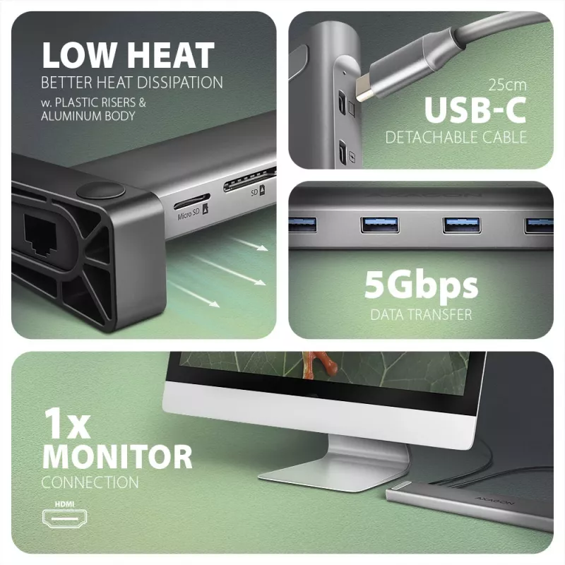 Axagon HMC-10HLS, USB 5Gbps -keskitin, 4x USB-A, HDMI 4k/60Hz, RJ-45, SD/microSD, PD 100W