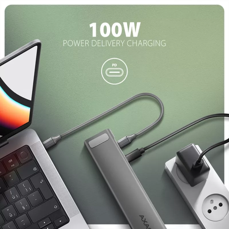 Axagon HMC-10HLS, USB 5Gbps -keskitin, 4x USB-A, HDMI 4k/60Hz, RJ-45, SD/microSD, PD 100W