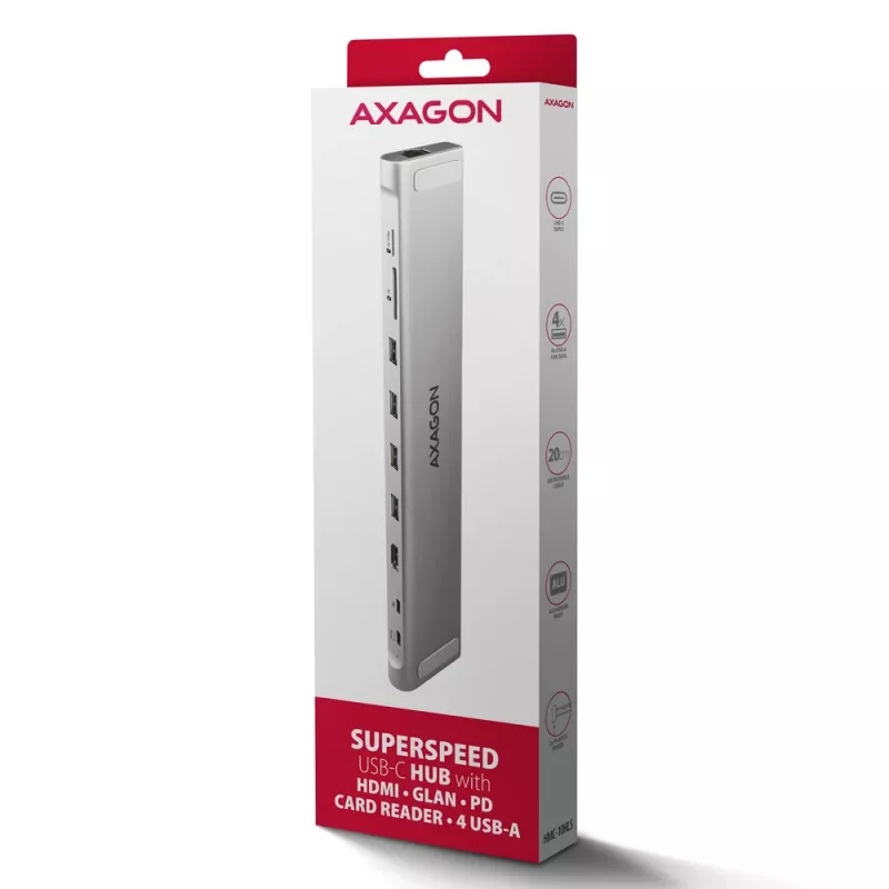 Axagon HMC-10HLS, USB 5Gbps -keskitin, 4x USB-A, HDMI 4k/60Hz, RJ-45, SD/microSD, PD 100W