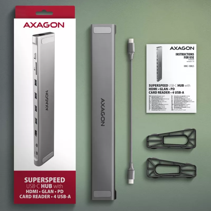 Axagon HMC-10HLS, USB 5Gbps -keskitin, 4x USB-A, HDMI 4k/60Hz, RJ-45, SD/microSD, PD 100W