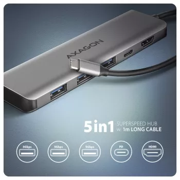 Axagon HMC-5H USB 5Gbps -keskitin, 3x USB-A, HDMI 4K/30Hz, PD 100W, 100cm USB-C-kaapeli