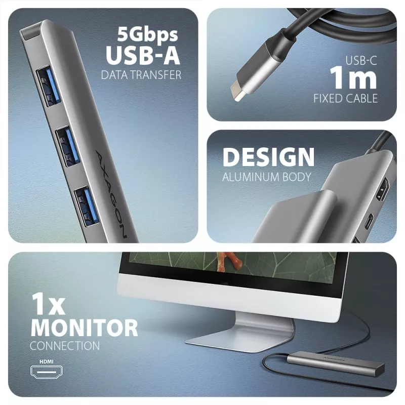 Axagon HMC-5H USB 5Gbps -keskitin, 3x USB-A, HDMI 4K/30Hz, PD 100W, 100cm USB-C-kaapeli