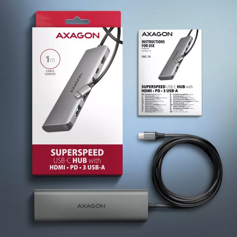 Axagon HMC-5H USB 5Gbps -keskitin, 3x USB-A, HDMI 4K/30Hz, PD 100W, 100cm USB-C-kaapeli