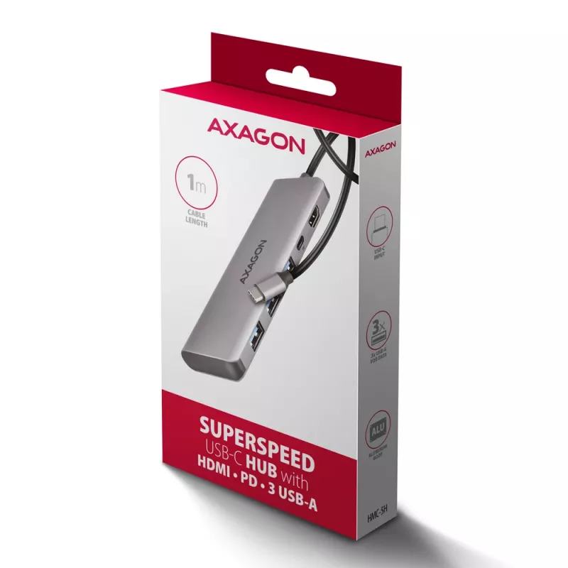 Axagon HMC-5H USB 5Gbps -keskitin, 3x USB-A, HDMI 4K/30Hz, PD 100W, 100cm USB-C-kaapeli