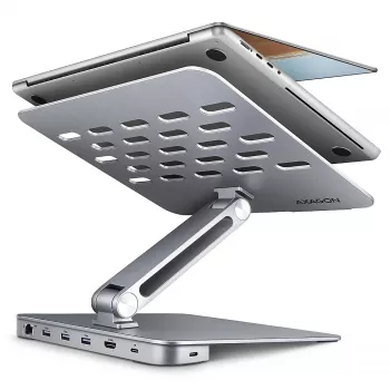 Axagon HMC-STND moniporttinen USB-C 5Gbit/s -keskitin ja alumiiniteline kannettaville. HDMI 4K/60Hz, GLAN, PD ja 3 USB-A-liitäntää. USB-C-kaapeli 60 cm.