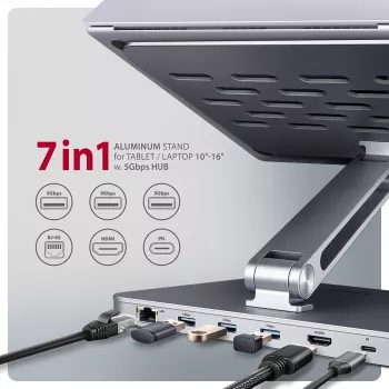 Axagon HMC-STND moniporttinen USB-C 5Gbit/s -keskitin ja alumiiniteline kannettaville. HDMI 4K/60Hz, GLAN, PD ja 3 USB-A-liitäntää. USB-C-kaapeli 60 cm.