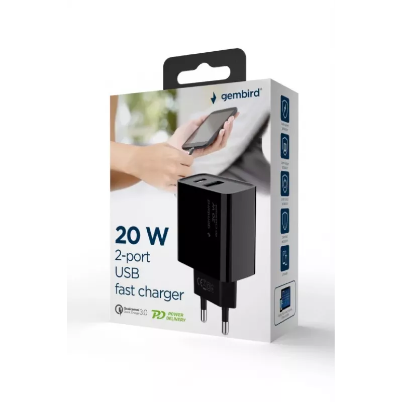 GEMBIRD USB-pikalaturi – 2 porttia Type-A & C, 20 W – musta