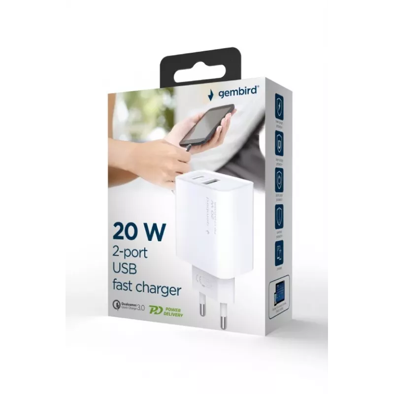 GEMBIRD USB-pikalaturi – Type-A & C 2-porttinen 20 W – valkoinen