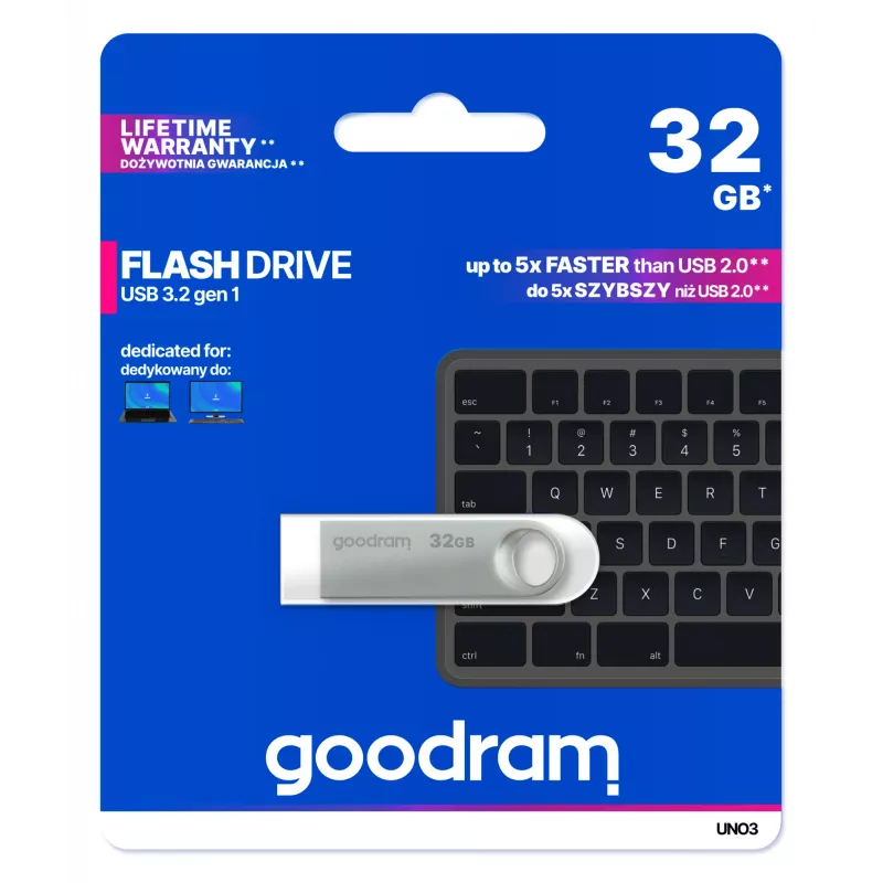 USB-muistitikku GOODRAM UNO3-0320S0R11 32 GB, USB Type-A, USB 3.2 Gen 1, metalli, kanneton, hopea