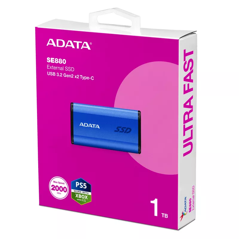 ADATA SE880 1 TB ulkoinen SSD-levy, USB-C 3.2 Gen 2x2 (20 Gbit/s), jopa 2000 MB/s, sininen