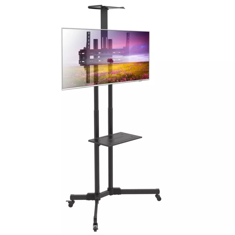 Techly ICA-TR216T liikuteltava TV-teline pyörillä 37–70 tuuman (enintään 177,8 cm) näytöille, enintään 50 kg, 2 hyllyä, musta