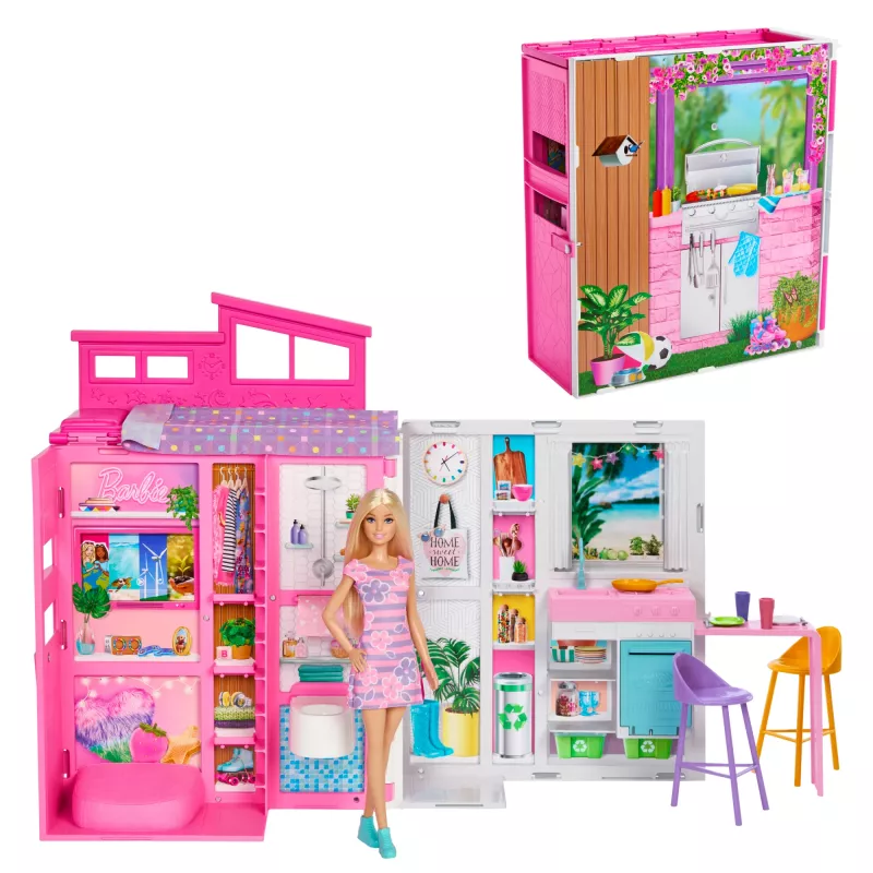 Barbie Getaway nukkekoti nuken kanssa, 4 leikkialuetta ja 11 koristevarustetta