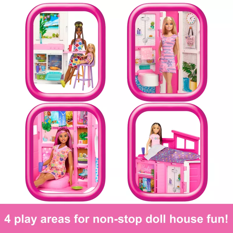 Barbie Getaway nukkekoti nuken kanssa, 4 leikkialuetta ja 11 koristevarustetta