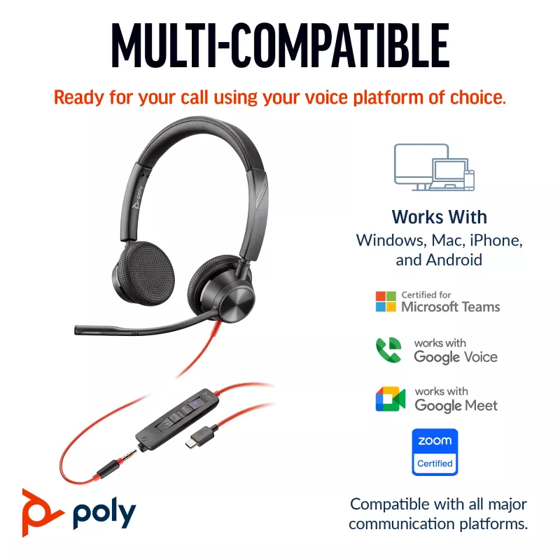 HP Poly Blackwire 3325 stereo USB-C-kuuloke +3,5 mm liitin +USB-C/A-sovitin