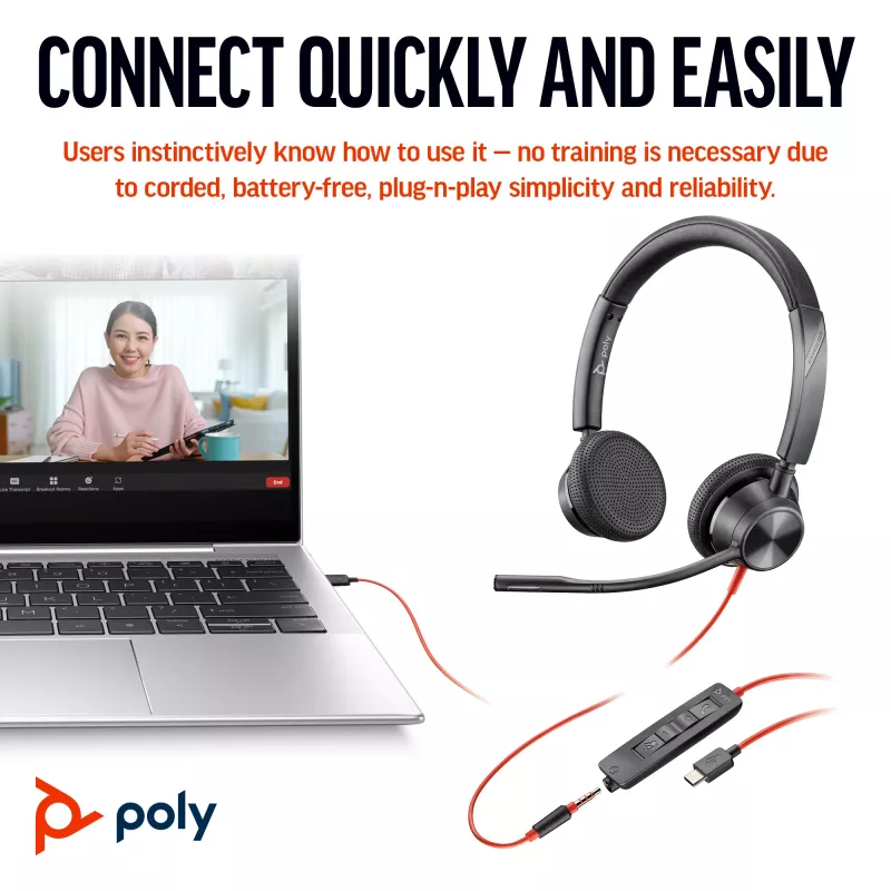 HP Poly Blackwire 3325 stereo USB-C-kuuloke +3,5 mm liitin +USB-C/A-sovitin