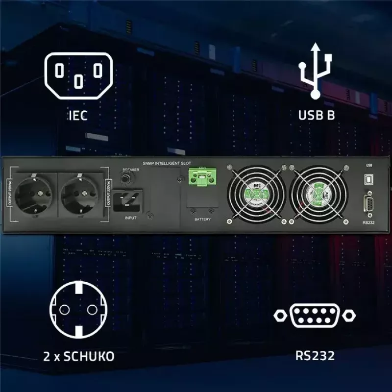 Rack-UPS QOLTEC 52286 2 kVA (2000 W) tehokerroin 1,0, rack-asennettava
